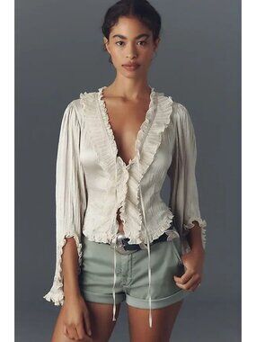 Anthropologie Ivory Crinkle Boudoir Blouse XL Ruffle Satin Texture Tie Front